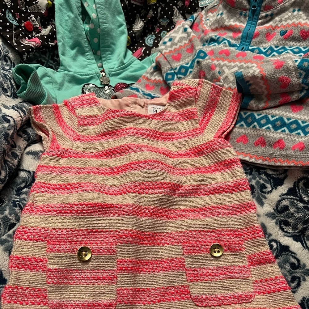 2T Girl Lot Cats Black Raincoat  Striped Dress, Hello Kitty Full Zip Hoodie